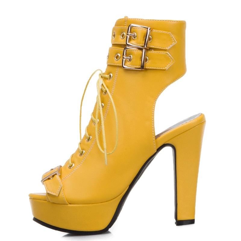 Fashion Peep Toe Ankle Boots For Women Shoes Sexy High Heels Platform Summer Boots Women Buckle Yellow White Blue Shoes Female - CADEAUME