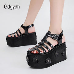 Gdgydh Fashion Flower Roman Style Women Sandals Platform Wedges Gladiator Heels For Girls Thick Sole Comfy Walking Gothic Style - CADEAUME