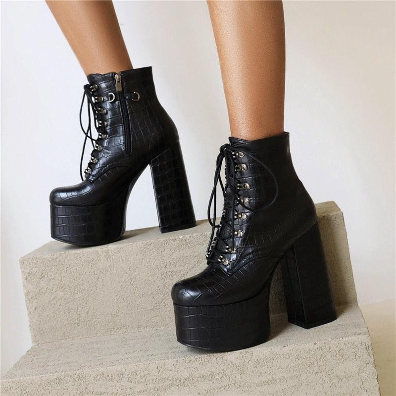 Goth Black Demonia Boots Women Punk Heel Sexy Chain Chunky Heel Platform Boots Female Designers Ankle Boots Lace Up Large Size - CADEAUME