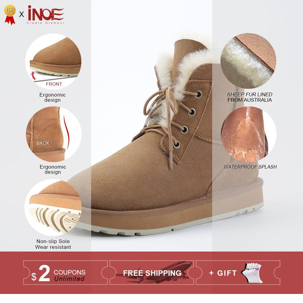 INOE Fashion Sheepskin Suede Leather Sheep Natural Wool Fur Lined Women Casual Short Winter Snow Boots Warm Shoes Waterproof - CADEAUME