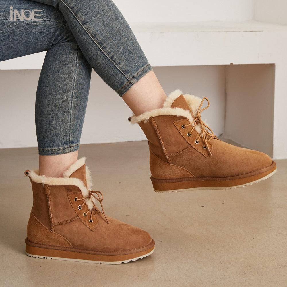 INOE Fashion Sheepskin Suede Leather Sheep Natural Wool Fur Lined Women Casual Short Winter Snow Boots Warm Shoes Waterproof - CADEAUME