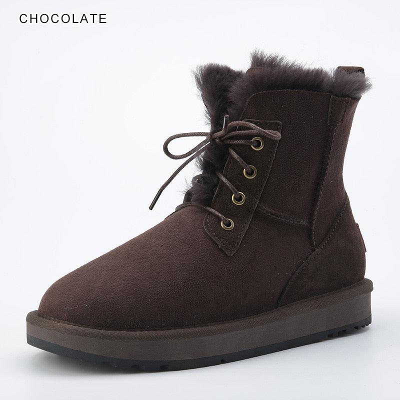 INOE Fashion Sheepskin Suede Leather Sheep Natural Wool Fur Lined Women Casual Short Winter Snow Boots Warm Shoes Waterproof - CADEAUME