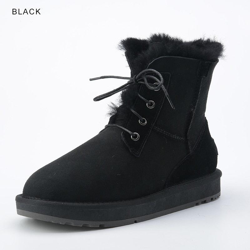 INOE Fashion Sheepskin Suede Leather Sheep Natural Wool Fur Lined Women Casual Short Winter Snow Boots Warm Shoes Waterproof - CADEAUME