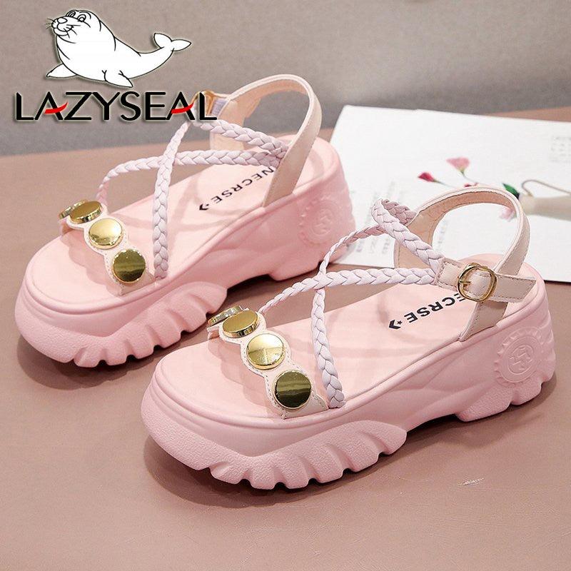 LazySeal 7cm Wedge Heel 2020 Women&#39;s Sandals Platform Summer Bling Braided Rope Cross-tied Beach Sandal Chunky Sole Woman Shoes - CADEAUME