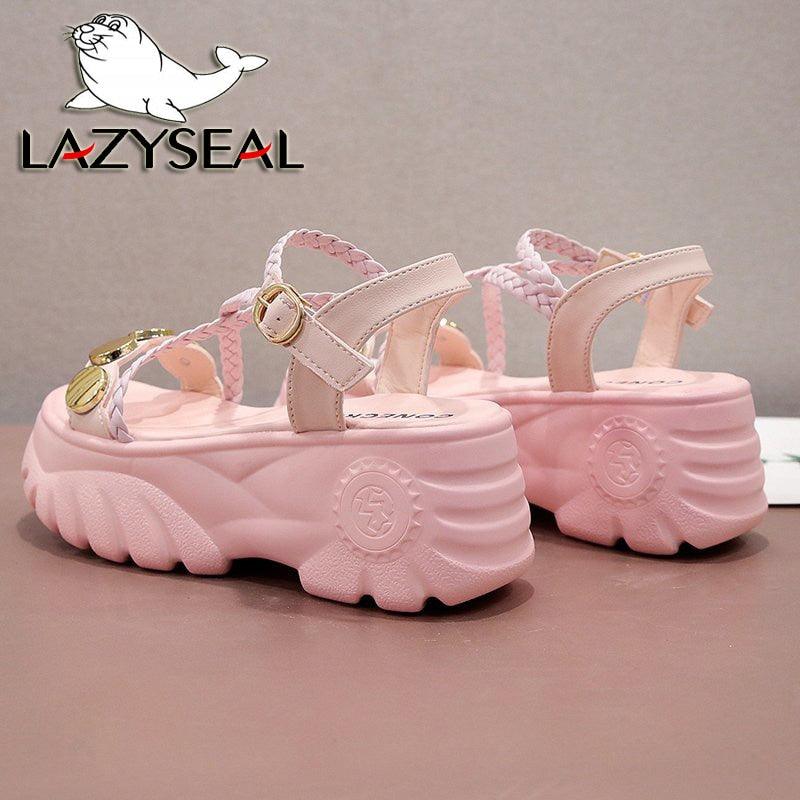 LazySeal 7cm Wedge Heel 2020 Women&#39;s Sandals Platform Summer Bling Braided Rope Cross-tied Beach Sandal Chunky Sole Woman Shoes - CADEAUME