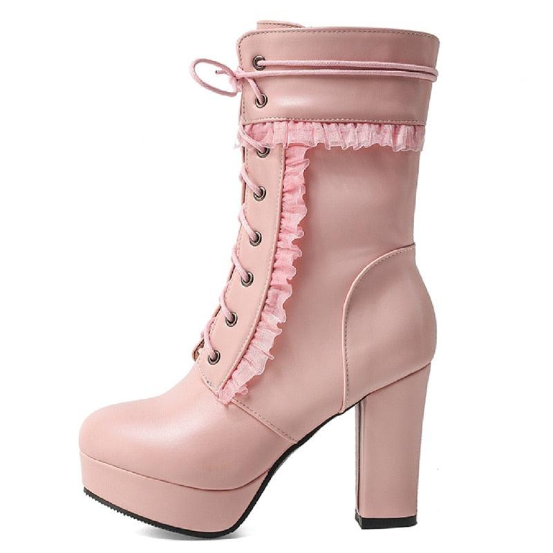 Lovely Sweet Lace Up Pink White Lolita Shoes Girls Boots - CADEAUME