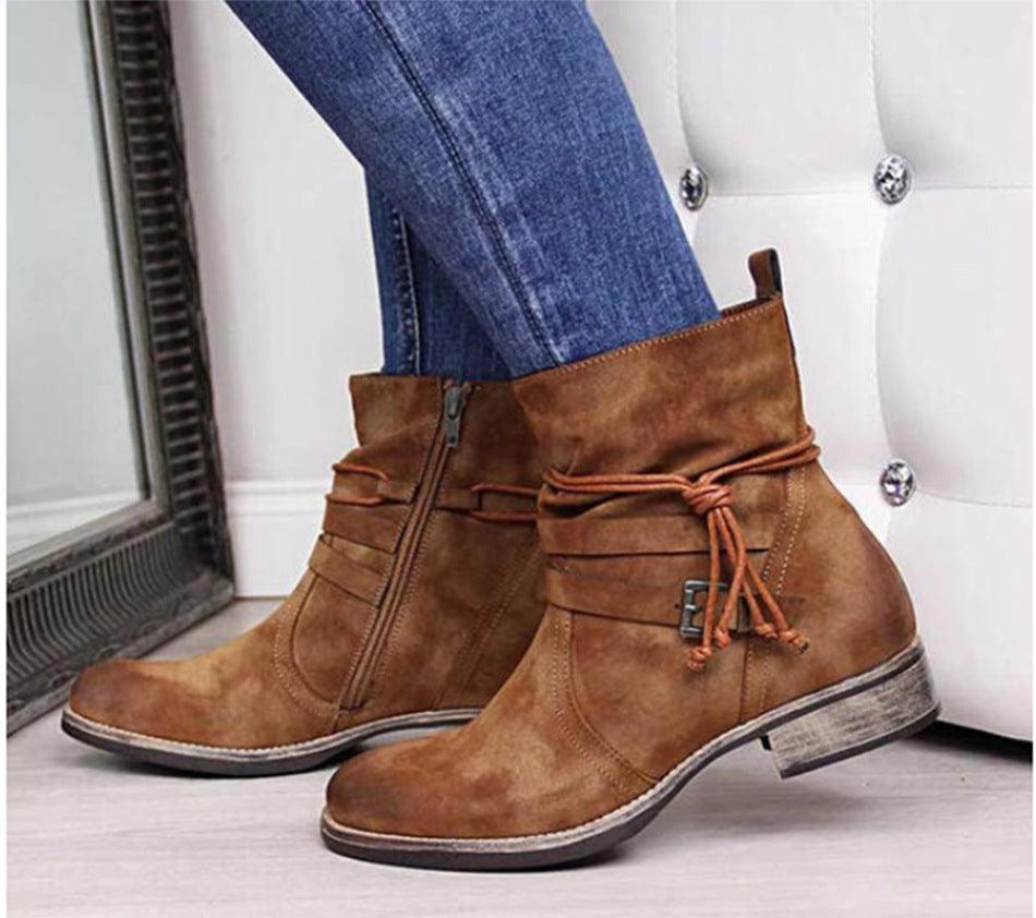 New Round Toe Side Zipper Laces Low Square Heel Ladies Plus Size Short Boots - CADEAUME