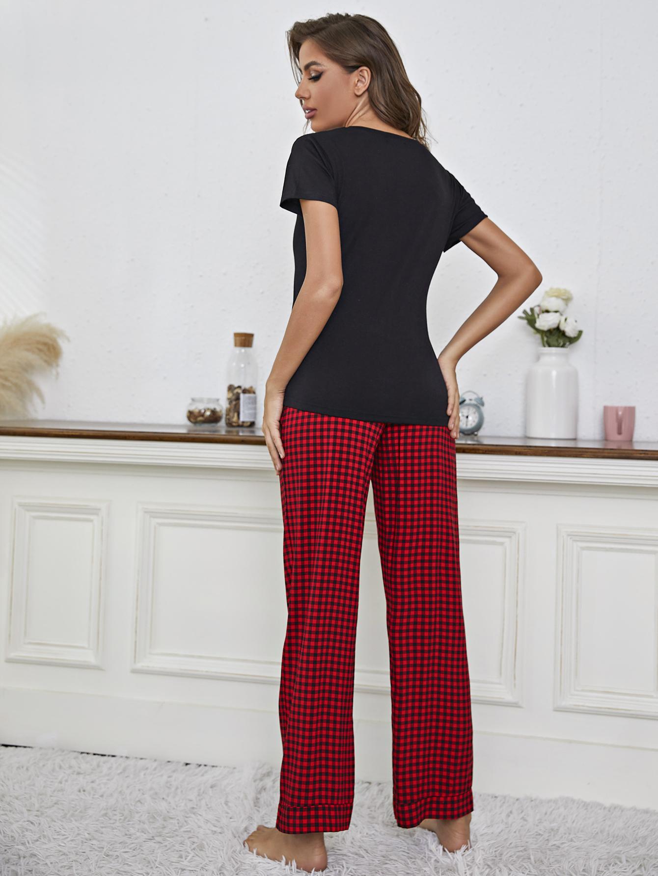 V-Neck Top and Gingham Pants Lounge Set - CADEAUME