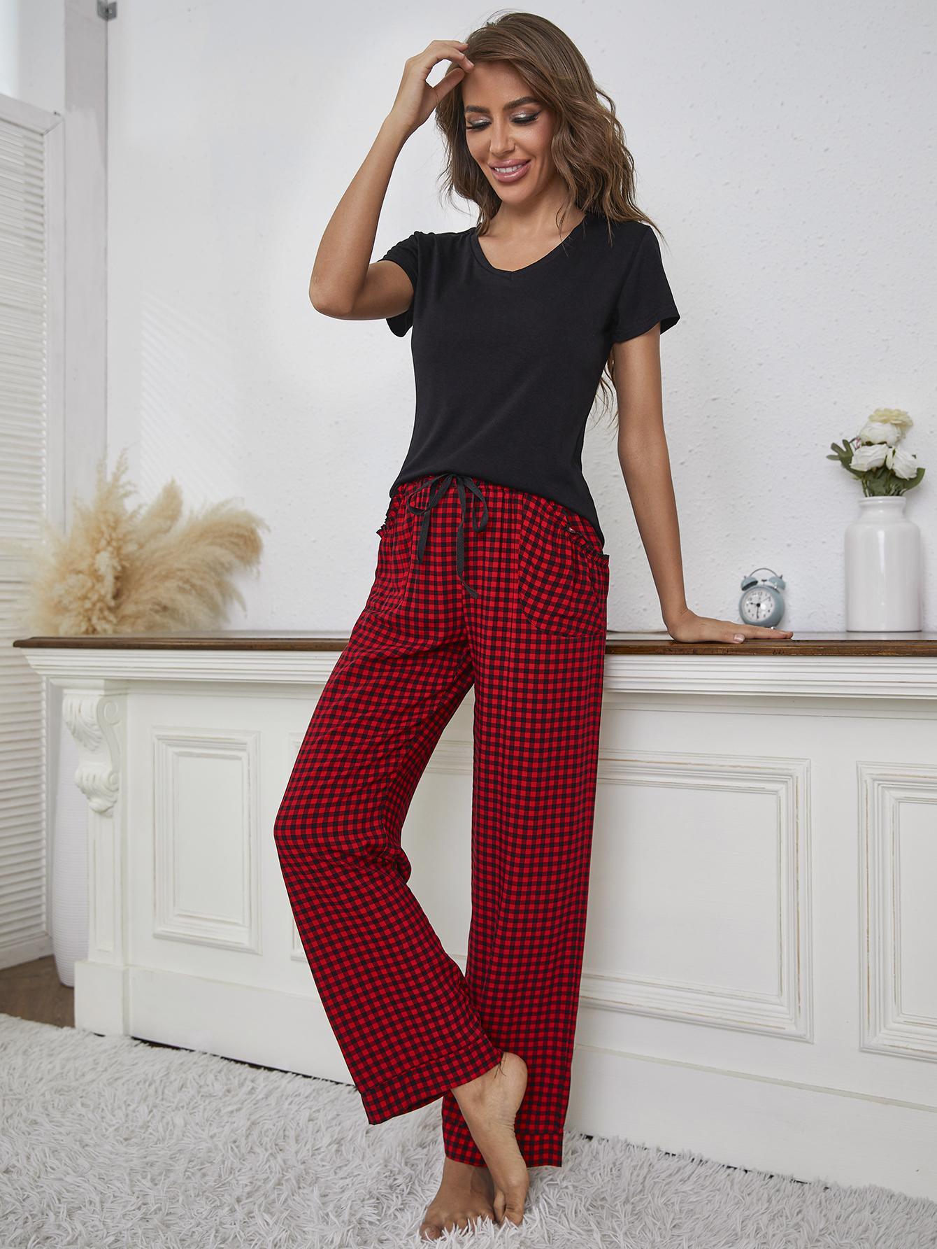 V-Neck Top and Gingham Pants Lounge Set - CADEAUME