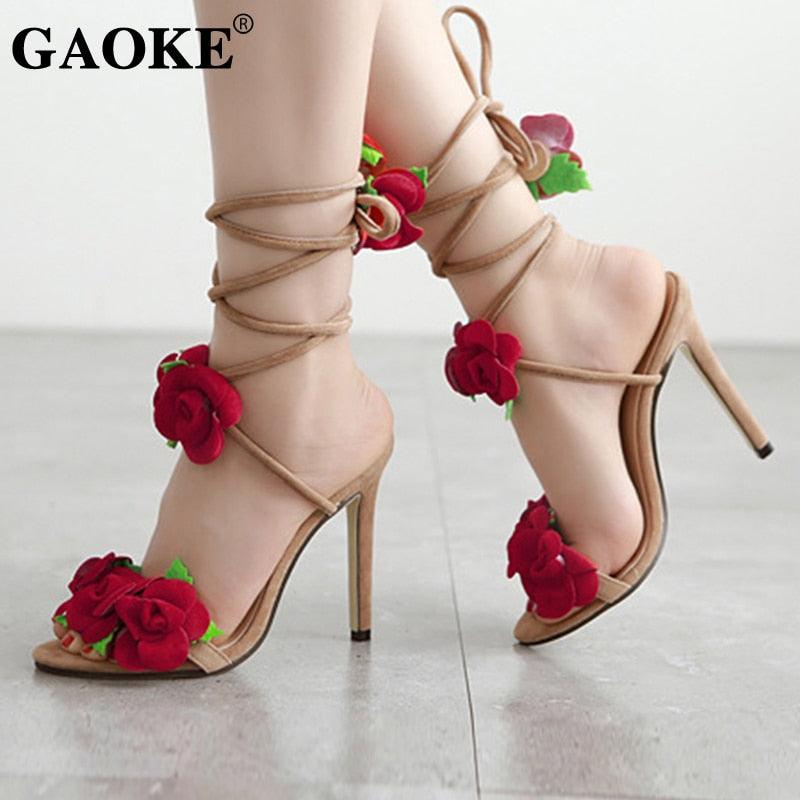 Woman Sandals Summer Woman High Heel Shoes Flower High Heel Sandals Ankle Strap Peep Toe Rubber Heel Sandals Bridal Party Shoes - CADEAUME