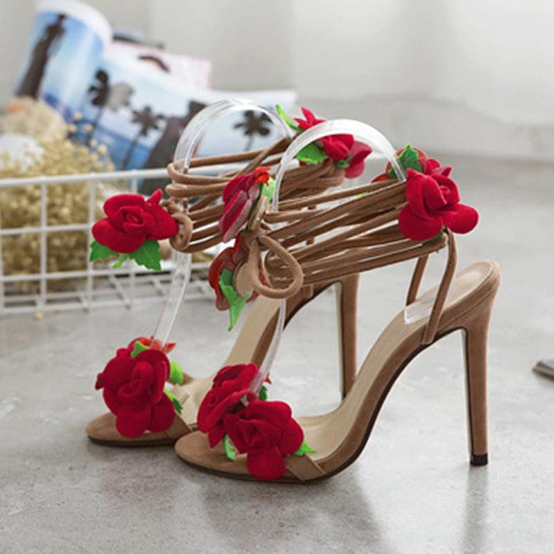 Woman Sandals Summer Woman High Heel Shoes Flower High Heel Sandals Ankle Strap Peep Toe Rubber Heel Sandals Bridal Party Shoes - CADEAUME