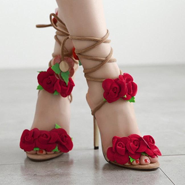 Woman Sandals Summer Woman High Heel Shoes Flower High Heel Sandals Ankle Strap Peep Toe Rubber Heel Sandals Bridal Party Shoes - CADEAUME