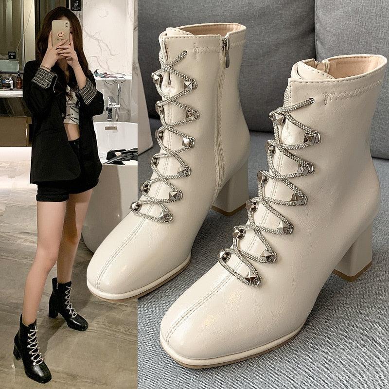 Women&#39;s Boots New Women&#39;s Short Boots Thick with Lace Up Women&#39;s Thin High-heeled Women&#39;s Boots Motorcycle Boots - CADEAUME